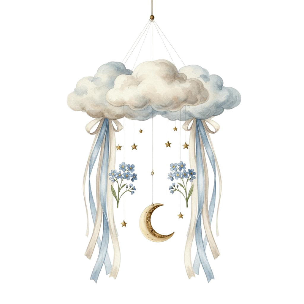 A hand-painted watercolor mobile of clouds, stars and a crescent moon